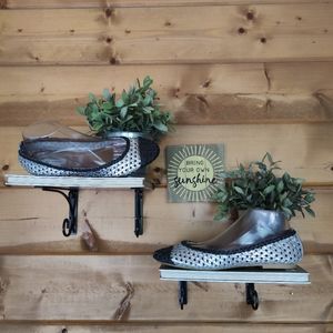 Dune 💜 London Madalyn Leather Woven Ballet Flats Cap Toe Silver Black Shoes 10M